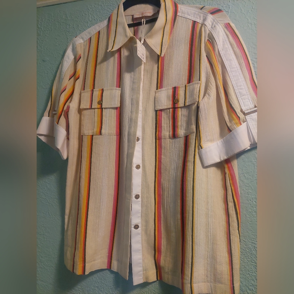 Tory Burch striped button down shirt with lapels on the sleeves.